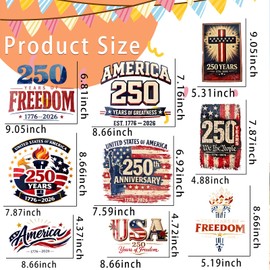 SHELEMB 9 Sheets 250 Years Anniversary of the United States Iron on Transfer for Clothing Iron on Heat Transfer Vinyl for Jackets Hat Backpack DIY Craft