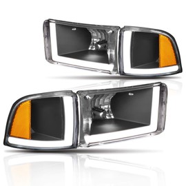 PM PERFORMOTOR L-Bar LED DRL Headlight(Headlamps) Assembly Compatible with Dodge Ram 94-02,Black Housing/Amber Corner