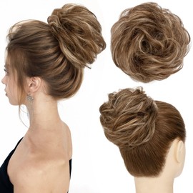 S-noilite Messy Bun Hair Piece Human Hair Wavy Real Hair Bun Extensions Messy Bun Hair Pieces for Women Scrunchies Updo Real Human Hair Bun Medium Brown to Dark Blonde