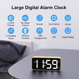 HOMVILLA Alarm Clock, Mains Powered Alarm Clock with Adapter - Large Digital Alarm Clock with Dual Alarm, Dimmable Display, Snooze Function and USB Charging Port