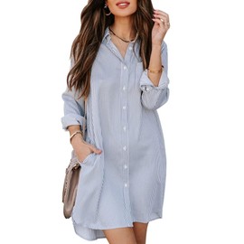 chouyatou Women's Casual Loose Fit Long Sleeve Solid Striped Button Down Shirts Dresses (Medium, Navy Stripe)