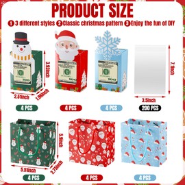 Cholemy 12 Set Christmas Money Dispense and Gift Bag Christmas Money Box for Cash Gift Pull Money Gift Boxes for Cash 200 Transparent Bags for Kids Christmas Birthday Party Gift Present Supplies