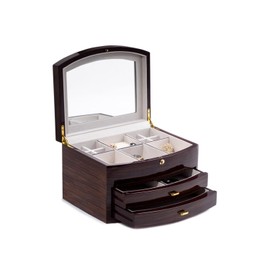 Bey-Berk Lacquered Ebony Zebra Wood Jewelry Box, Brown - Multi-Compartment Storage Organizer with Mirror, Lock & Drawers