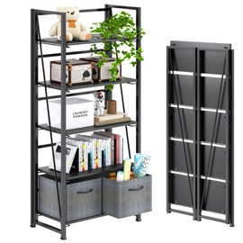 4NM No-Assembly Folding Bookshelf Storage Shelves 5 Tiers Vintage Bookcase Standing Racks Study Organizer Home Office (All Black)