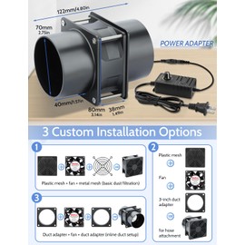 Wathai 80mm Small 12V DC Axial Exhaust Fan with AC Adapter, 3 Inch Duct Fan for Fume Extractor, Soldering Smoke, 3D Printer Enclosure, Laser Engraver Dual Ball High Airflow