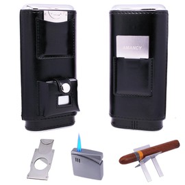 AMANCY Classic Black Leather Cigar Travel Case, Small Portable Cigar Humidor with Cutter, Lighter, Rest Kits (Black cigar case with cutter lighter and stand)