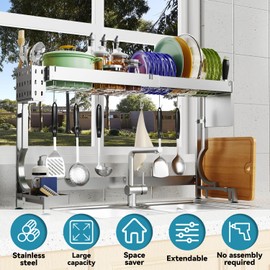 MINGLING Over Sink Kitchen Drying Rack Over The Sink Large Dish Racks Height & Width Adjustable Kitchen Drying Rack Stainless Steel Countertop Organizer,Silver