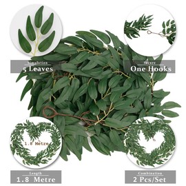 COSOKUU Artificial Willow Garland for Mantle 2 Packs Faux Vine Garland with Flowers Greenery Garland 5.9ft Long Home Decor Table Decoration (Willow Leaves)