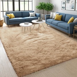 POEMLAND Area Rugs 9×12 Soft Large Living Room, Fluffy Fuzzy Non Shedding Bedroom Carpet, Light tan Indoor Non-Slip Floor Shag Plush, Room Kids Boys Girls Dorm Nursery Home Decor Aesthetic