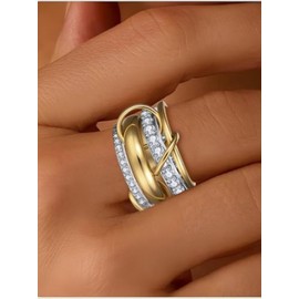 14K Gold Plated Interlocked Stackable Rings for Women - Gold and Silver Cubic Zirconia Two-Toned Connected Bands Stacking - Statement Mixed Metals Multi Ring Stack - Non Tarnish Jewelry (4PCS, 9)