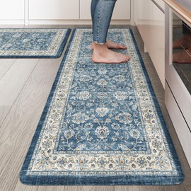 KIMODE Kitchen Mats Cushioned Anti Fatigue, Boho Oriental Kitchen Rugs Sets of 2, Blue Kitchen Mats for Floor, Padded Kitchen Floor Mat, Non Slip Standing Desk Mats for Sink Laundry Office