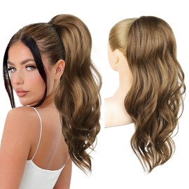 REECHO Ponytail Extension, Drawstring Ponytail Extension Long Wavy Layered Pony Tails Hair Extensions 22inch Natural Fake Ponytail Clip in Synthetic Hairpiece for Women, Chocolate Brown