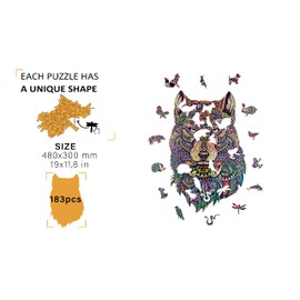 WOODVIO - Wooden jigsaw puzzle for adults and kids - Wolf, animal-shaped fantasy puzzle, 183 unique shaped pieces, size King (48 x 30 cm)