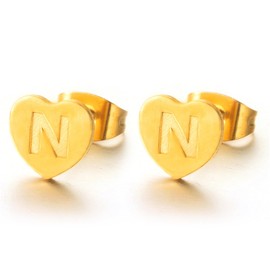 QLYOVWE Heart Initial Stud Earrings 18K Gold Plated Dainty Initial Earrings Little Initial Earrings Fashion Cute 26 Alphabet Letter Earrings for Women (N)