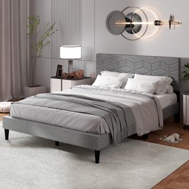 Giantex Upholstered Full Size Bed Frame, Modern Platform Bed with Linen Fabric Geometric Headboard, Mattress Foundation with Wooden Slat Support, No Box Spring Needed, Grey