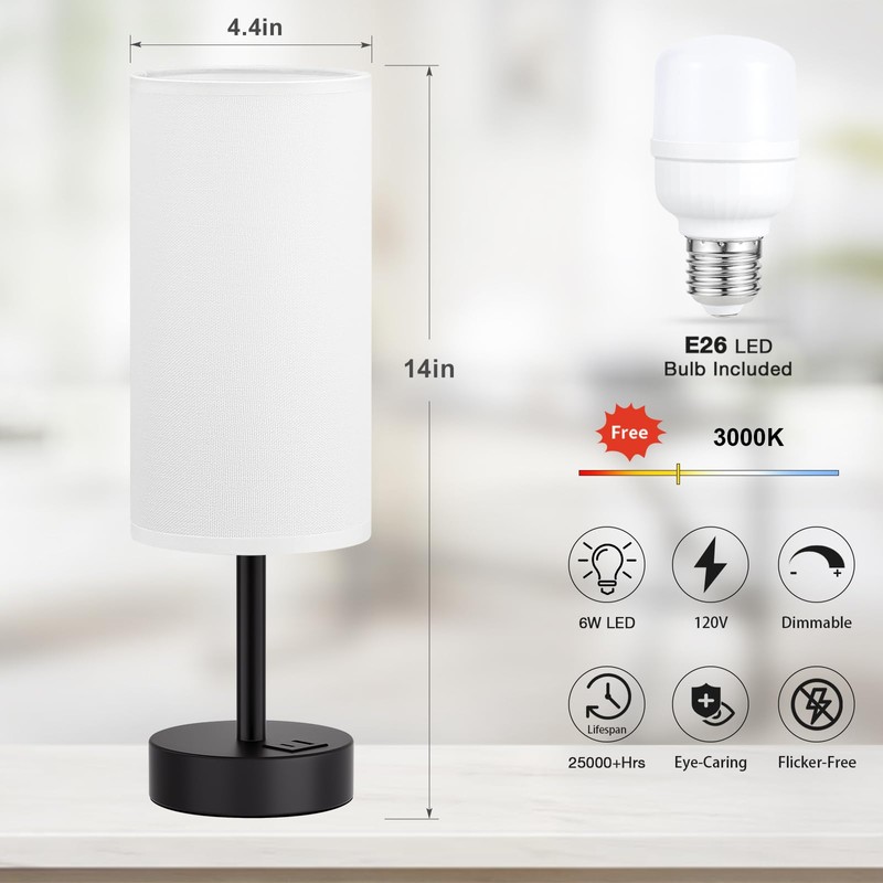 White Touch Table Lamp with USB - 3 Way Dimmable