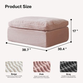 38.7" Large Square Ottoman, Cloud Pouf, Boneless, Dense Foam, Corduroy Pink