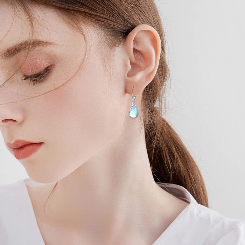 POPLYKE Tear Larimar Moonstone Leverback Earrings for Women Sterling Silver