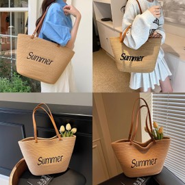 MUHUASHI Summer Beach Tote Bag for Women Large Woven Straw Shoulder Handbags Swim Holiday Travel Shopping Weave Hobo Bag, Light Brown, Large