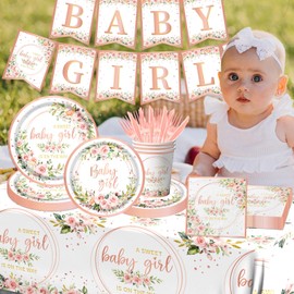 Baby Girl Shower Decorations Floral Baby Girl Shower Tableware Rose Gold Baby Girl Plates Napkins Cups Tablecloth for Girl Pink Baby Shower Party Supplies