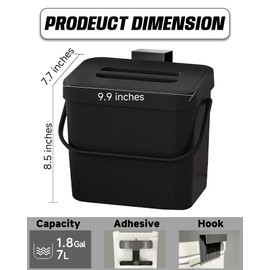 MONGTINGLU Countertop Compost Bin Kitchen, 1.8 Gallons Hanging Trash Can with Lid for Kitchen Cabinet Door, Under Sink, Wall Mounted Waste Bin for Bathroom, 7L(Black)