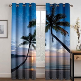 ANAZOZ Curtain for Eyelet,2 x 42W x 54H IN,Thermal Blackout Curtains 2 Piece Coconut Tree Beach and Dawn Landscape Curtains Brown Green Blue