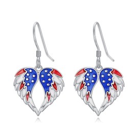 4th of July Earrings 925 Sterling Silver Red White and Blue American Flag Angel Wing Patriotic Dangling Drop Earrings UAS Independence Day Gift for Women Men
