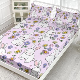 AILONEN Rabbit Fitted Sheet Set - Twin XL Size, Kawaii Bunny Bed Sheet Set, Kids Girls Floral Rabbit Sheets Set, Cute Pink Bed Sheet Set - 1 Fitted Sheet and 2 Pillowcases