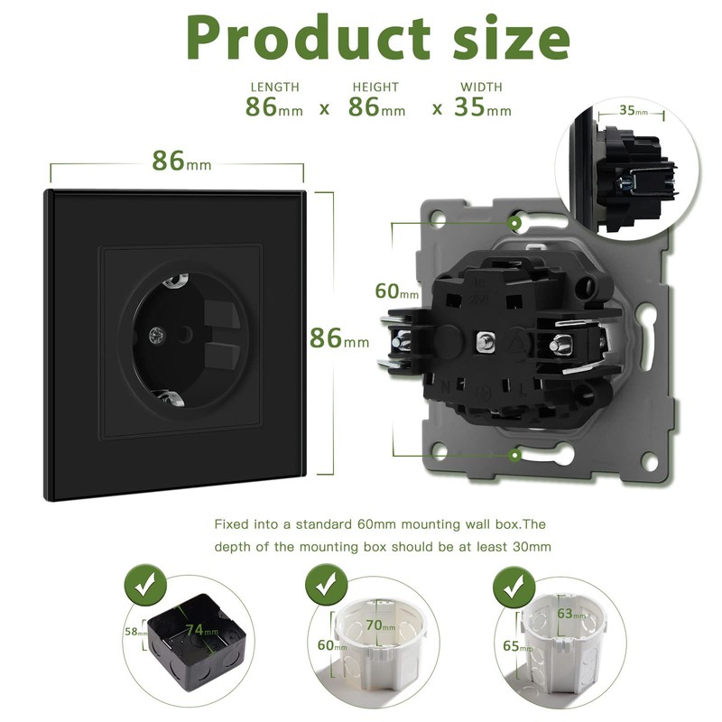 BSEED Schuko Socket, 1-Way, with Plug Terminal, Crystal Glass Plate,