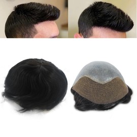 Suncolorhair Lace Front Toupee for Men 1B# Black Human Hair Unit Undetectable Hairline Hair Replacement System (1B#-Natural Black)