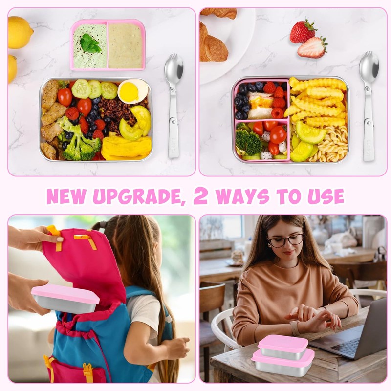 Edelstahl Kinder Brotdose mit Silikondeckel, Brotdose mit Fächern 1 Löffel