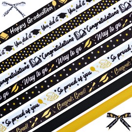 10 Rolls Graduation Ribbons Congrats Grad Grosgrain Ribbon 3/8 Inch Class of 2025 Gold Black Craft Ribbons for Gift Wrapping Graduation Party Decorations Wreath Bow DIY Crafts, Total 60 Yards