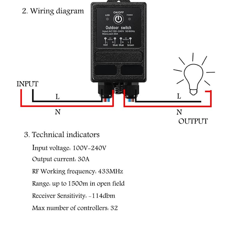 Waterproof Wireless Light Switch,AC110V-240V 40A Relay Switches | 4900ft RF