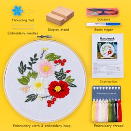 Embroidery Kit for Beginners, Flowers and Leaves Embroidery Practice Kit, Hand Floral Embroidery Starter Kit for Adults with Video Step by Step Instructions, Hoops, Threads and Needles (BEF011)