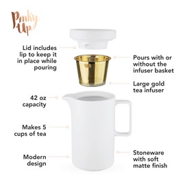 Pinky Up Jona Teapot, Modern Ceramic Loose Leaf Tea Infuser with Lid and Gold Infuser Basket, Set of 1 42 Oz White Stoneware