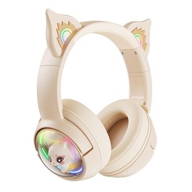 Bluetooth Cat Ear Wireless Headphones, Cat Ear Gaming Headset with Microphone Headset Pink with RGB LED Light Wireless Headphones with Cat Ears HD Stereo Sound for PC TV Tablet Game Consoles (Beige)