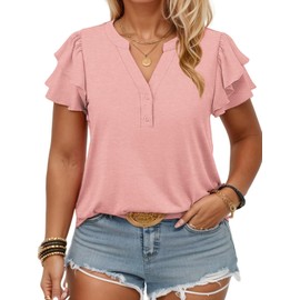 Womens Plus Size Summer Tops Ruffle Short Sleeve Shirts Button Down Notched V-Neck Tunics Casual Trendy 2025 Tees 2X Coral