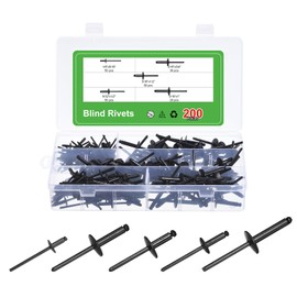 uxcell 200Pcs 1/8"x5/16", 5/32"x1/2", 3/16"x1/2", 3/16"x3/4", 3/16"x1" Large Flange Blind Rivets Assortment Kit, Zinc-Plated Carbon Steel Grip and Mandrel Cap Blind Rivets, Black