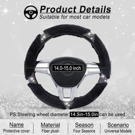 BJSIA Rhinestone Fuzzy Diamond Steering Wheel Cover, Steering Wheel Cover for Women, Bling Bling Crystal Rhinestones for Winter Warm, Universal Fit for 14.5" to 15" Steering Wheels(Black)