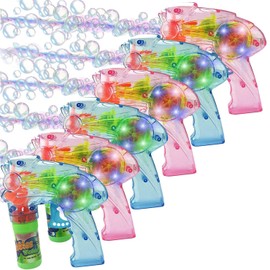 Liberty Imports Pack of 6 - Wind Up Bubble Gun Shooter Light Up LED Blowers with Bottle Solutions Included - Kids Bulk Indoor Outdoor Toy Party Favors Gifts - No Batteries Required (Fish)