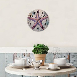 Minimalist Wood Clock Non-Ticking Quartz Battery Nautical Beach Ocean Theme Underwater Starfish Blue Seascape Coastal Wood Clocks Vintage Wooden Wall Decor for Entryway Home Church 10"