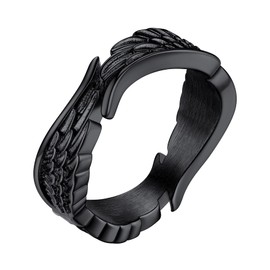 Bestyle Black Rhodium Plated Angel Wing Rings for Women Men, Guardian Feather Black Band Rings, Vingage Lover Couple Promise Rings for Anniversary/Wedding/Egagement Size 8