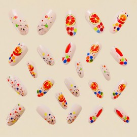 Nude Press on Nails Oval Shaped Fake Nails Medium False Nails with Colorful Dots Designs Cute Orange Full Cover Glue on Nails Spring Summer Acrylic Artificial Nails for Women Girls 24Pcs