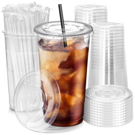 Fit Meal Prep 100 Pack 32 oz Plastic Iced Coffee Cups with Flat Lids and Black Straws, Disposable Clear Cup, BPA Free Lemonade Cup for Party, Smoothie, Cold Drinks, Juice, Milkshake, Bubble Tea