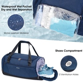 Gym Bag Backpack Mens Weekend Travel Bag with Shoes, Wet Compartments and Toiletry Bag Sports Holdalls Womens with Shoulder Strap and Trolley Sleeve, Navy Blue
