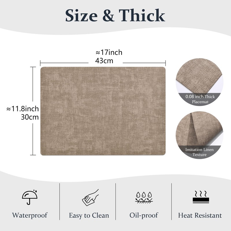 FROMHEART Faux Leather PU Placemats Set of 6 (Light Coffee,11.8"