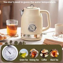 QUAXWELL Retro Electric Kettle, 1.7L 304 Stainless Steel Tea Kettle with Temperature Gauge, 1500W Fast Boiling Water Boiler,Auto Shut-Off & Boil-Dry Protection, BPA-Free, Beige