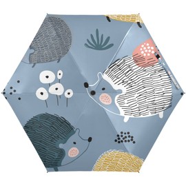 Grey Yellow Pink Hedgehogs And Mushrooms Flowers Grass on Blue Small Mini Anti-UV Compact Travel Umbrella, 5 Folding Ultra-Light Umbrella, 6 Ribs Pocket Windproof Foldable Vinyl Parasol