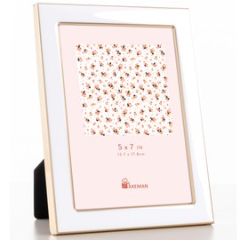 Axeman 5x7 Enamel Picture Frames with Tempered Glass|5 x 7 Modern Photo Frame with Gold Metal Edge Velvet Back for Tabletop and Wall Mount Display for Shelf, Desk & Countertop Decor, White