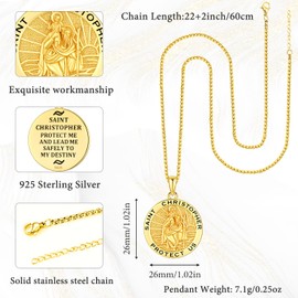Odinstone St Christopher Necklace Men Sterling Silver saint christopher medal for men women big large round Metal Gold st. christopher pendant Medallion male female